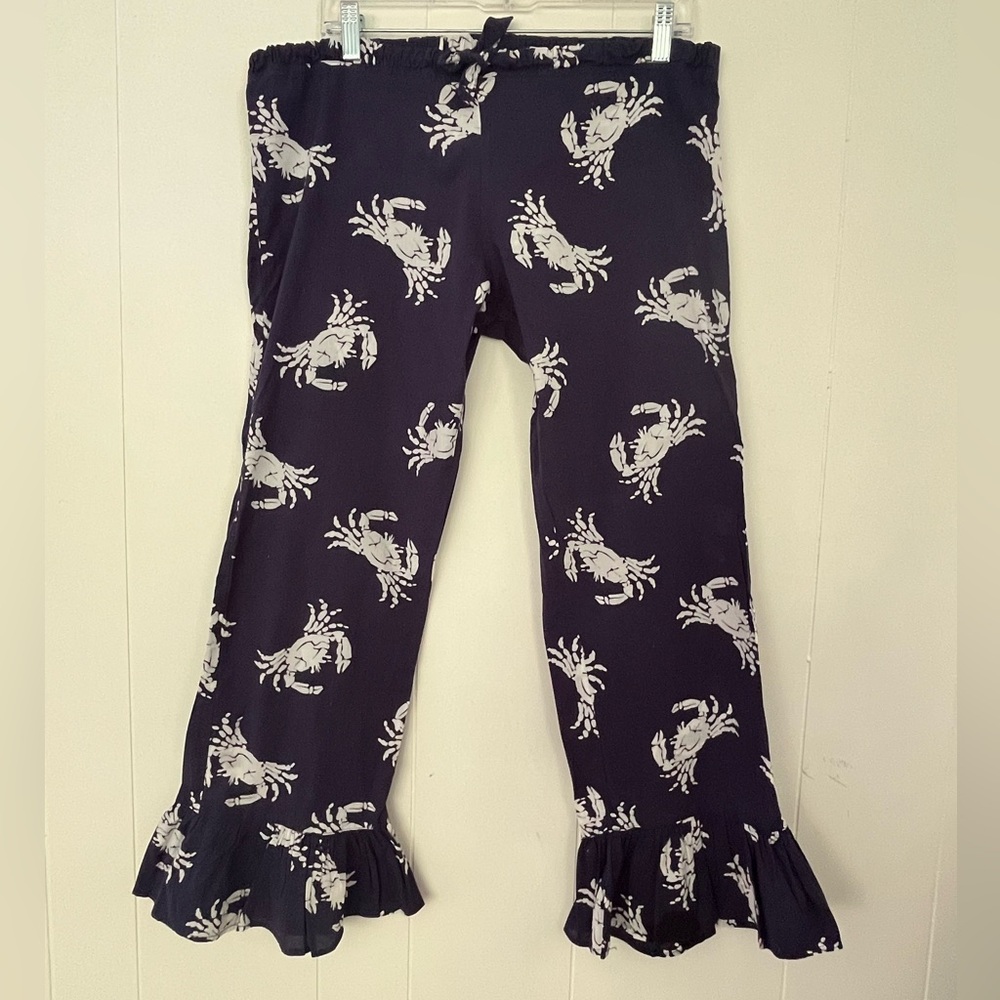 BUCKHEAD BETTIES Blue & White CRAB Print Ruffle Bottom Lounge Sleep Pants Small - Picture 6 of 8